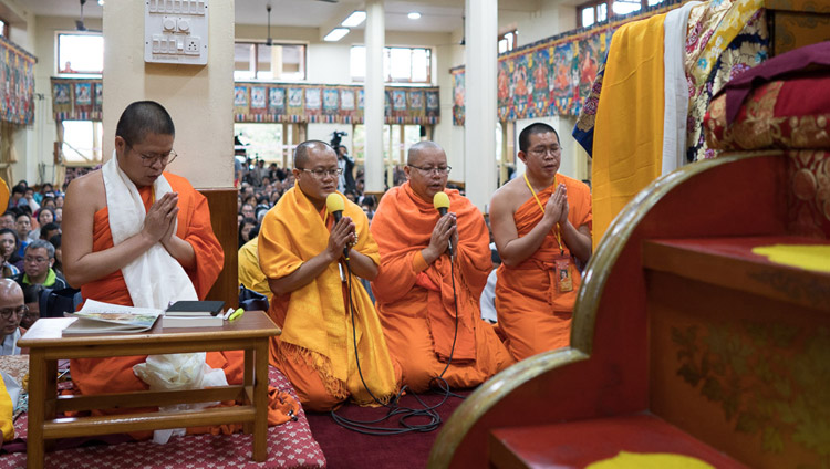 Thai monks reciting the Mangala Sutta in Pali at the start of His Holiness the Dalai Lama's teaching at the Tsuglagkang in Dharamsala, HP, India on August 29, 2017. Photo by Tenzin Choejor/OHHDL