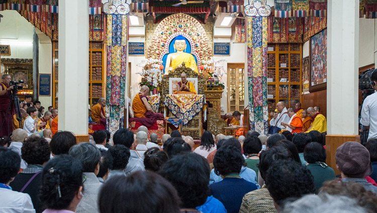 His Holiness the Dalai Lama on the second day of his teachings for SE Asians at the Tsuglagkhang in Dharamsala, HP, India on August 30, 2017. PHoto by Tenzin Phuntsok/OHHDL