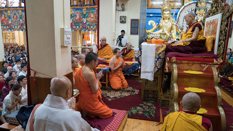 Thai monks chanting the Mangala Sutta in Pali at the start of His Holiness the Dalai Lama's third day of teachings at the Tsuglagkhang in Dharamsala, HP, India on August 31, 2017. Photo by Tenzin Choejor/OHHDL