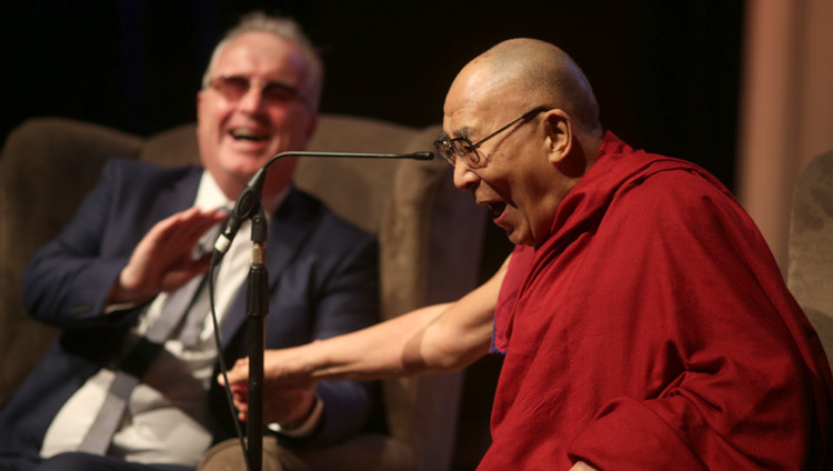 His Holiness the Dalai Lama enjoying a moment of laughter with Richard Moore during his talk at the Millennial Forum in Derry, Northern Ireland, UK on September 10, 2017. Photo by Lorcan Doherty