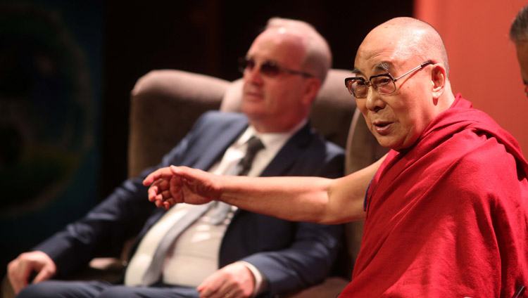 His Holiness the Dalai Lama speaking at the conference on Educating the Heart at the Millennium Forum in Derry, Northern Ireland, UK on September 11, 2017. Photo by Lorcan Doherty