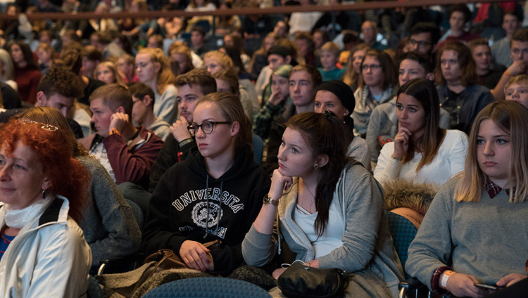 Some of the over 1600 students from 60 different schools listening to His Holiness the Dalai Lama at the Jahrhunderthalle in Frankfurt, Germany on September 13, 2017. Photo by Tenzin Choejor