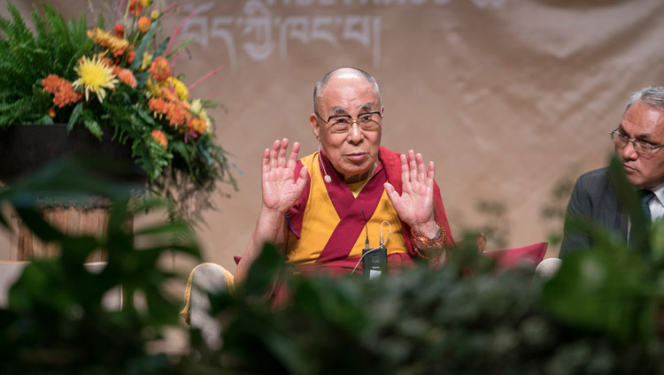His Holiness the Dalai Lama commenting on the presentations at the symposium of ‘Western Science and Buddhist Perspectives’ at the Jahrhunderthalle in Frankfurt, Germany on September 14, 2017. Photo by Tenzin Choejor