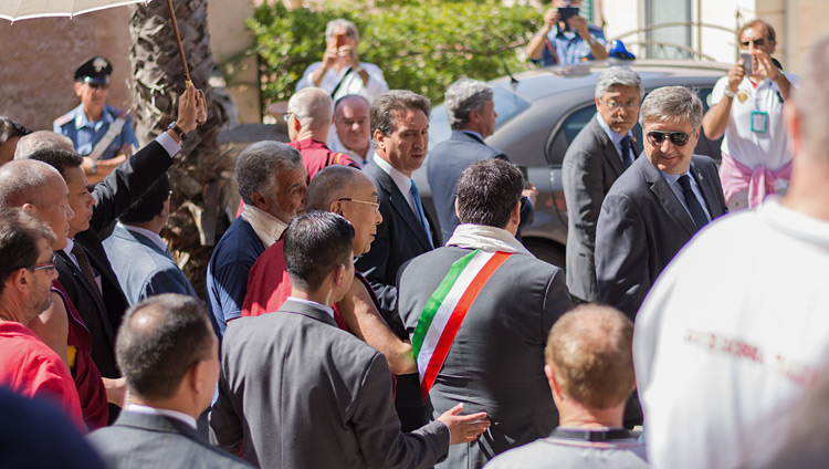 His Holiness the Dalai Lama heading for his car at the conclusion of his talk at the Greek Theatre in Taormina, Sicily, Italy on September 16, 2017. Photo by Federico Vinci/Città Metropolitana di Messina