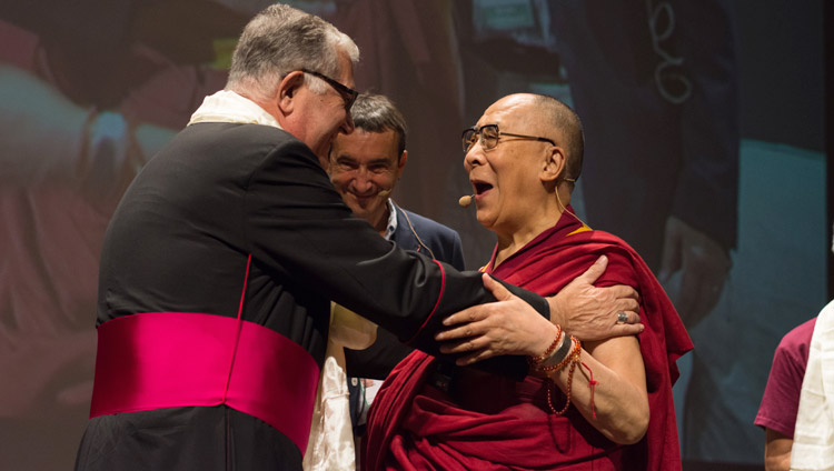 His Holiness the Dalai Lama greeting Archbishop of Messina, Giovanni Accolla at the start of his talk in Messina, Sicily, Italy on September 17, 2017. Photo by Federico Vinci/Città Metropolitana di Messina
