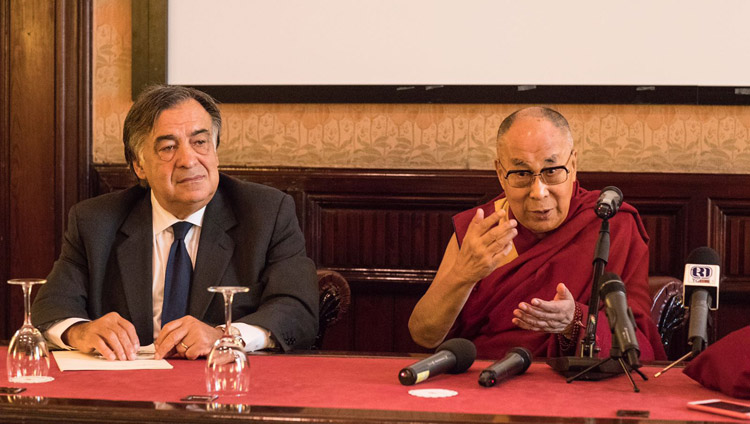 Mayor of Palermo, Prof Lealuca Orlando looks on as His Holiness the Dalai Lama speaks to members of the media in Palermo, Sicily, Italy on September 18, 2017. Photo by Paolo Regis