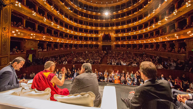 His Holiness the Dalai Lama speaking at the Massimo Theatre in Palermo, Sicily, Italy on September 18, 2017. Photo by Paolo Regis