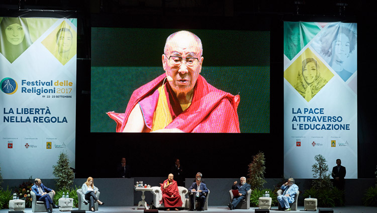 His Holiness the Dalai Lama speaking at the inter-religious meeting in Florence, Italy on September 19, 2017. Photo by Olivier Adam