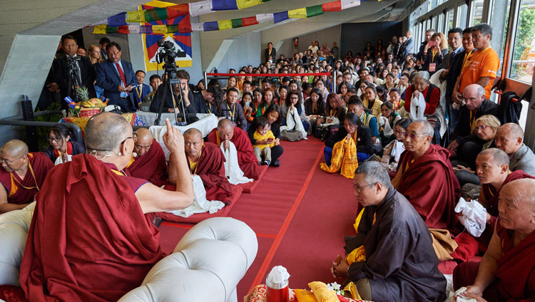 His Holiness the Dalai Lama meeting with 150 members of the Tibetan community during the lunch break between programs at the Mandela Forum in Florence, Italy on September 19, 2017. Photo by Olivier Adam