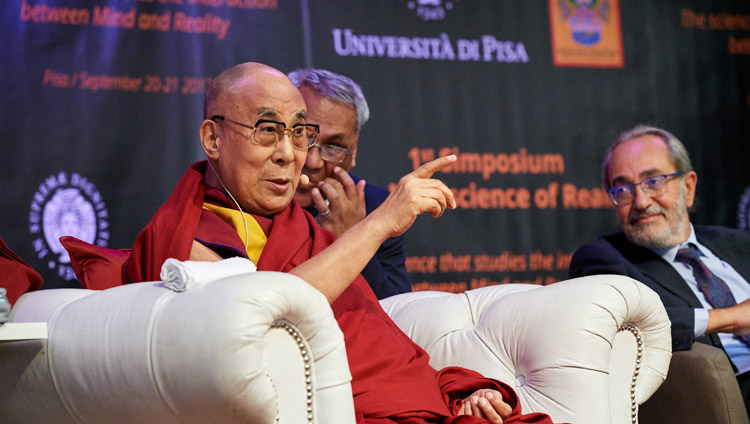 His Holiness the Dalai Lama speaking at the opening session of the 1st Symposium of ‘The Mind-Science of Reality’ at the University of Pisa in Pisa, Italy on September 20, 2017. Photo by Olivier Adam