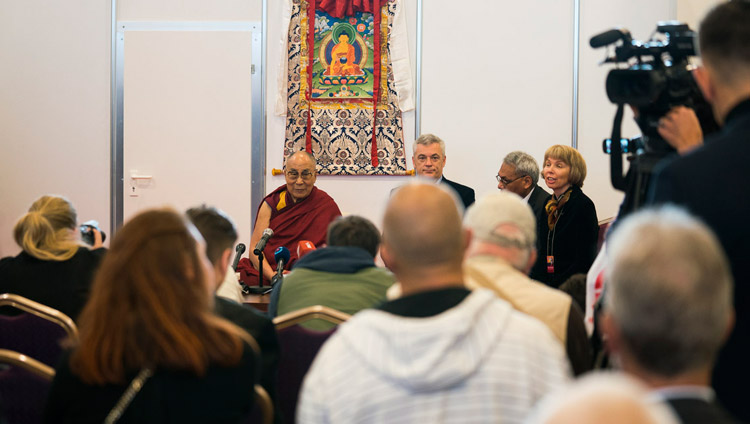 His Holiness the Dalai Lama speaking to members of the media in Riga, Latvia on September 23, 2017. Photo by Tenzin Choejor