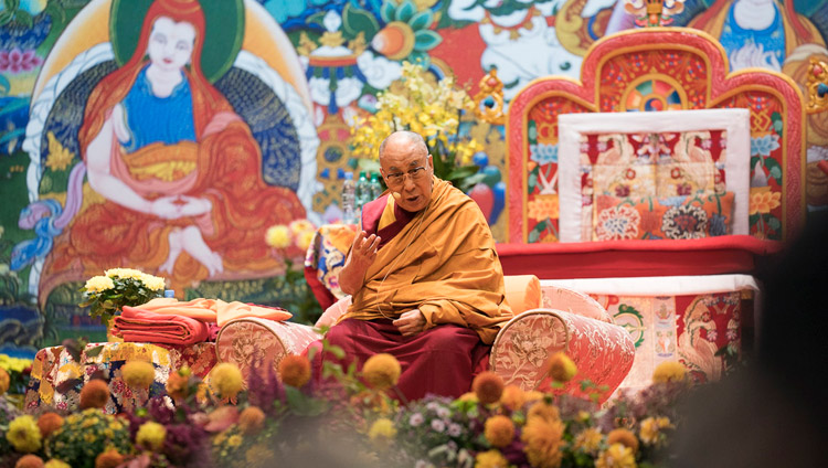 His Holiness the Dalai Lama speaking on the first day of his teachings in Riga, Latvia on September 23, 2017. Photo by Tenzin Choejor