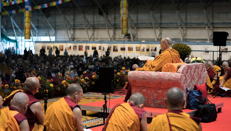 Members of the monastic community sitting on stage with His Holiness the Dalai Lama during his teachings at Skonto Hall in Riga, Latvia on September 23, 2017. Photo by Tenzin Choejor