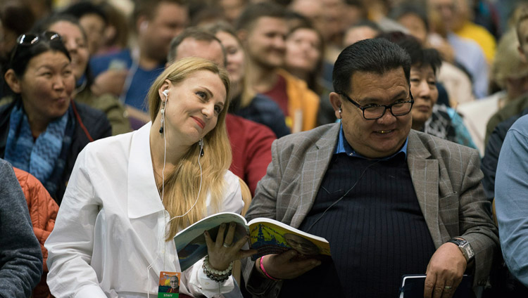 Members of the audience listening to His Holiness the Dalai Lama on the second day of his teachings at Skonto Hall in Riga, Latvia on September 24, 2017. Photo by Tenzin Choejor