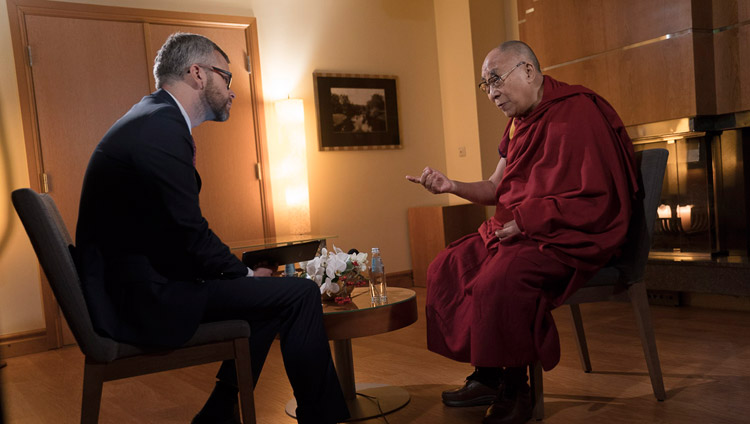 His Holiness the Dalai Lama giving an interview to Gundars Reders of Latvian Television in Riga, Latvia on September 25, 2017. Photo by Tenzin Choejor