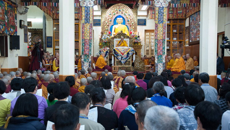 A view inside the Tsuglagkhang on the first day of His Holiness the Dalai Lama's teaching requested by Taiwanese Buddhists in Dharamsala, HP, India on October 3, 2017. Photo by Tenzin Phuntsok