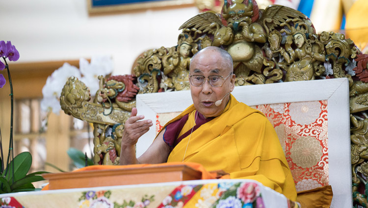 His Holiness the Dalai Lama addressing the audience on the third day of his teachings at the Tsuglagkhang in Dharamsala, HP, India on October 5, 2017. Photo by Tenzin Choejor