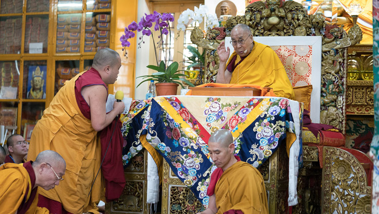 His Holiness the Dalai Lama answering questions from the audience during the tea break on the third day of his teachings requested by Taiwanese Buddhists at the Tsuglagkhang in Dharamsala, HP, India on October 5, 2017. Photo by Tenzin Choejor