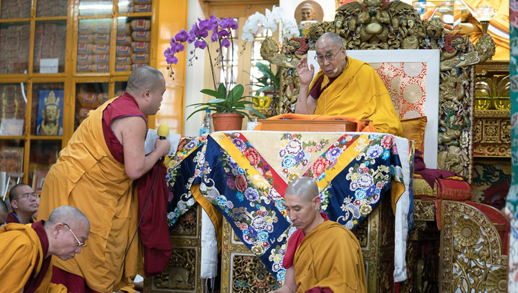 His Holiness the Dalai Lama answering questions from the audience during the tea break on the third day of his teachings requested by Taiwanese Buddhists at the Tsuglagkhang in Dharamsala, HP, India on October 5, 2017. Photo by Tenzin Choejor His Holiness the Dalai Lama answering questions from the audience during the tea break on the third day of his teachings requested by Taiwanese Buddhists at the Tsuglagkhang in Dharamsala, HP, India on October 5, 2017. Photo by Tenzin Choejor