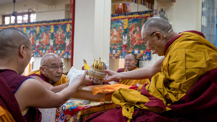 Namgyal Monastery Abbot Thomtog Rinpoche making traditional offerings at the start of His Holiness the Dalai Lama's teachings at the Main Tibetan Temple in Dharamsala, HP, India on November 3, 2017. Photo by Tenzin Choejor