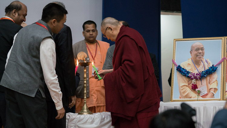 His Holiness the Dalai Lama and principal guests lighting a peace lamp to open the inaugural session of a conference on Science, Spirituality & World Peace at the Government Degree College in Dharamsala, HP, India on November 4, 2017. Photo by Tenzin Choejor