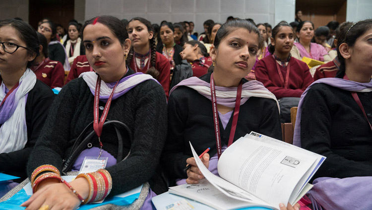 Members of the audience listening to His Holiness the Dalai Lama speaking at the conference on Science, Spirituality & World Peace at the Government Degree College in Dharamsala, HP, India on November 4, 2017. Photo by Tenzin Choejor