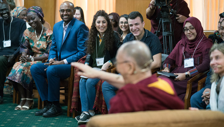 His Holiness the Dalai Lama greeting USIP youth leaders at the start of their dialogue at his residence in Dharamsala, HP, India on November 6, 2017. Photo by Tenzin Choejor