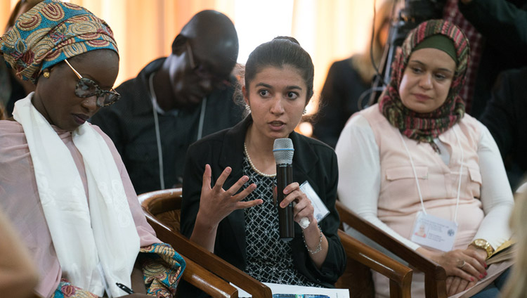 Lourd Hanna from Iraq summarizing her work during the dialogue with His Holiness the Dalai Lama at his residence in Dharamsala, HP, India on November 6, 2017. Photo by Tenzin Choejor