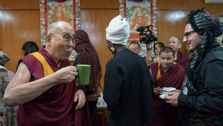 His Holiness the Dalai Lama talking with USIP youth leaders during a tea break on the first day of their two day dialogue at his residence in Dharamsala, HP, India on November 6, 2017. Photo by Tenzin Choejor