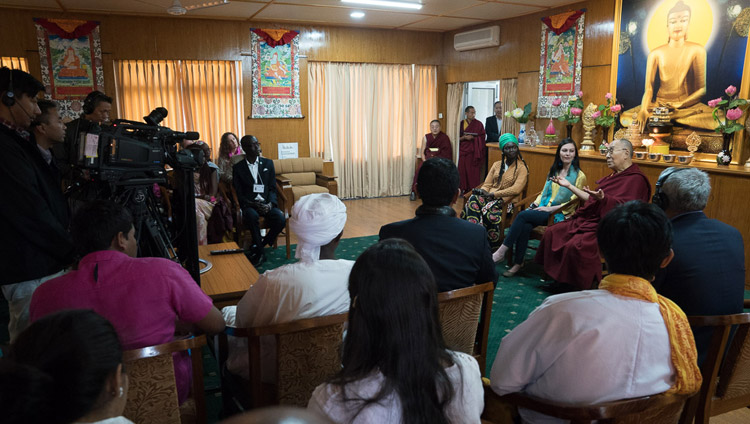 His Holiness the Dalai Lama USIP Youth Leaders Aluel Atem from South Sudan and Paula Porras from Colombia participating online in an episode of ‘The Stream’, a TV show on Al Jazeera English at his residence in Dharamsala, HP, India on November 7, 2017. Photo by Tenzin Choejor