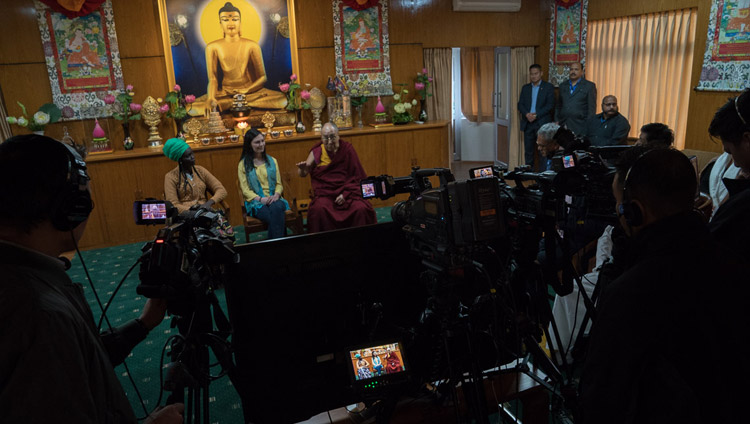 His Holiness the Dalai Lama USIP Youth Leaders Aluel Atem from South Sudan and Paula Porras from Colombia participating online in an episode of ‘The Stream’, a TV show on Al Jazeera English at his residence in Dharamsala, HP, India on November 7, 2017. Photo by Tenzin Choejor