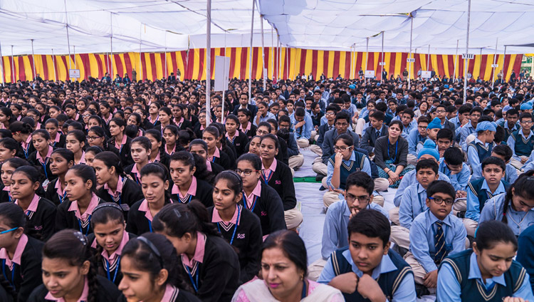 Students listening to His Holiness the Dalai Lama speaking at Salwan Public School in Delhi, India on November 18, 2017. Photo by Tenzin Choejor