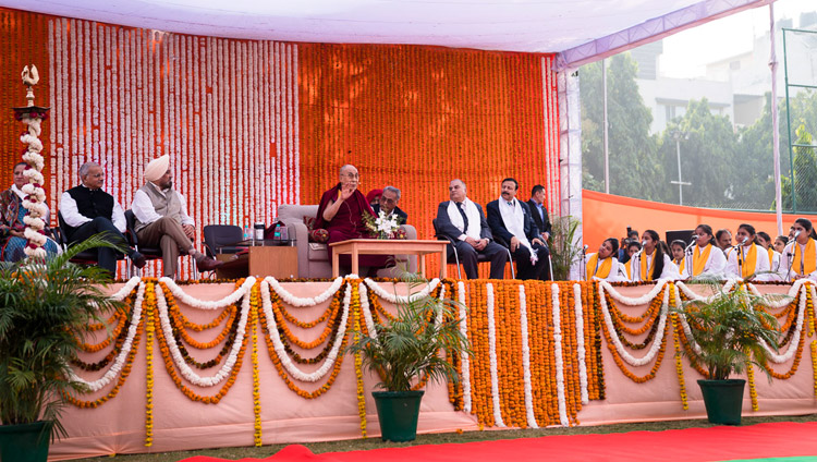 His Holiness the Dalai Lama speaking to students about Universal Values at Salwan Public School in Delhi, India on November 18, 2017. Photo by Tenzin Choejor