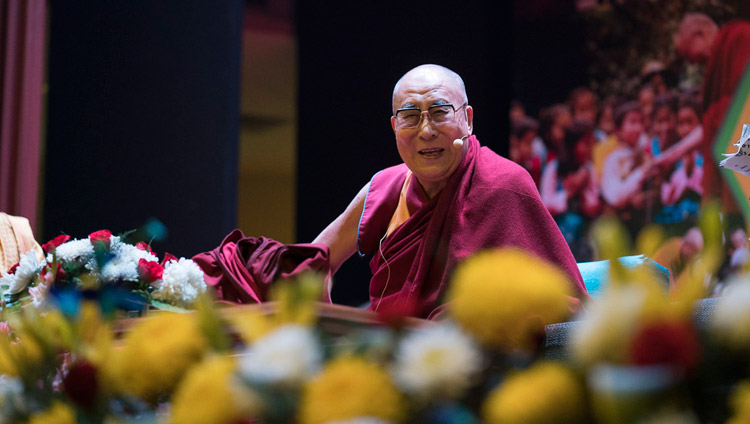 His Holiness the Dalai Lama speaking to students and teachers of the Smile Foundation at the NCUI Auditorium in New Delhi, India on November 19, 2017. Photo by Tenzin Choejor