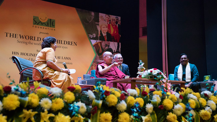 His Holiness the Dalai Lama speaking on Universal Responsibility and Compassion at the NCUI Auditorium in New Delhi, India on November 19, 2017. Photo by Tenzin Choejor