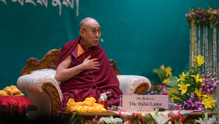 His Holiness the Dalai Lama speaking to 1600 Tibetans from the Phuntsokling Settlement in Chandragiri assembled KIIT auditorium in Bhubaneswar, Odisha, India on November 21, 2017. Photo by Tenzin Choejor