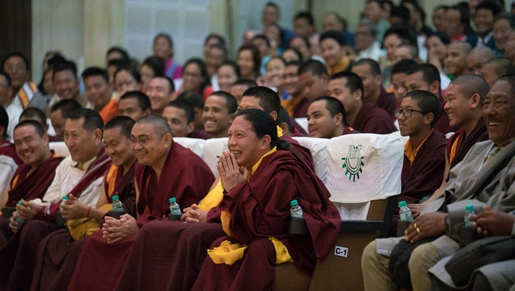 Members of the Tibetan community from Phuntsokling Settlement in Chandragiri listening to His Holiness the Dalai Lama during their meeting at KIIT auditorium in Bhubaneswar, Odisha, India on November 21, 2017. Photo by Tenzin Choejor