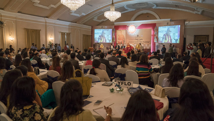 His Holiness the Dalai Lama speaking to over 250 members and guests of the Indian Chamber of Commerce in Kolkata, India on November 23, 2017. Photo by Tenzin Choejor