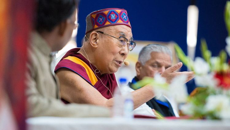 His Holiness the Dalai Lama speaking at the Convention for Global Peace at the Government College in Dharamsala, HP, India on December 2, 2017. Photo by Lobsang Tsering His Holiness the Dalai Lama speaking at the Convention for Global Peace at the Government College in Dharamsala, HP, India on December 2, 2017. Photo by Lobsang Tsering