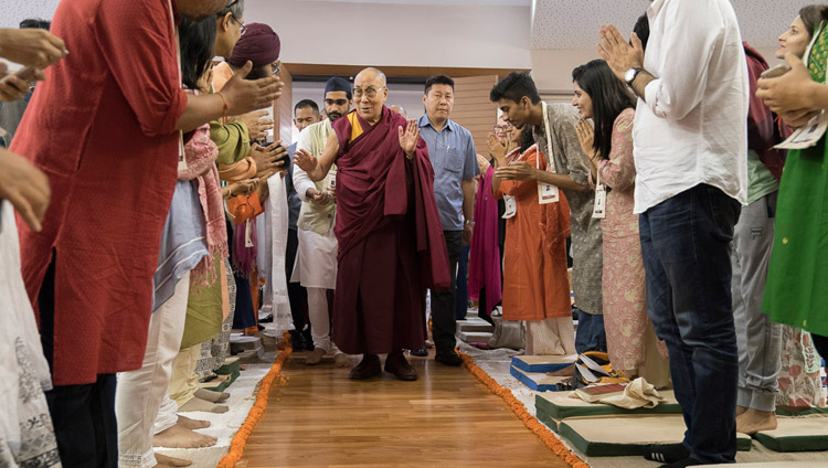 His Holiness the Dalai Lama arriving at Somaiya Vidyavihar Campus Auditorium at the start of the second day of his teachings in Mumbai, India on December 9, 2017. Photo by Lobsang Tsering