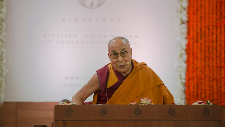 His Holiness the Dalai Lama speaking on the second day of his teachings at Somaiya Vidyavihar Campus Auditorium in Mumbai, India on December 9, 2017. Photo by Lobsang Tsering