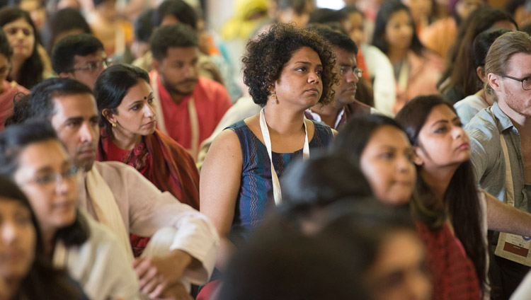 Members of the audience listening to His Holiness the Dalai Lama on the second day of his teachings at Somaiya Vidyavihar Campus Auditorium in Mumbai, India on December 9, 2017. Photo by Lobsang Tsering