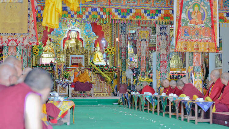 His Holiness the Dalai Lama speaking during the welcome ceremony at Drepung Lachi Monastery in Mundgod, Karnataka, India on December 11, 2017. Photo by Lobsang Tsering