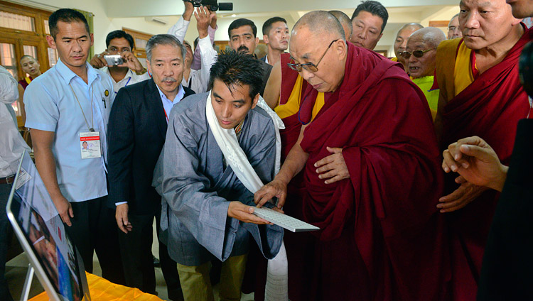 His Holiness the Dalai Lama launching the Meditation & Science Center’s new website at Drepung Loseling Monastery, Mundgod, Karnataka, India on December 14, 2017. Photo by Lobsang Tsering