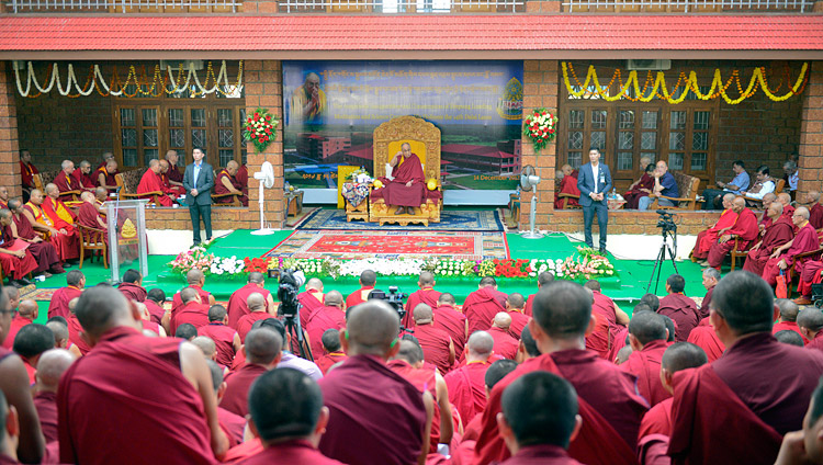 His Holiness the Dalai Lama speaking at the inauguration of the  Meditation & Science Center at Drepung Loseling Monastery, Mundgod, Karnataka, India on December 14, 2017. Photo by Lobsang Tsering