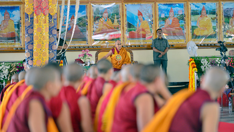 His Holiness the Dalai Lama speaking at the inauguration of the new debate yard at Jangchub Choeling Nunnery in Mundgod, Karnataka, India on December 15, 2017. Photo by Lobsang Tsering