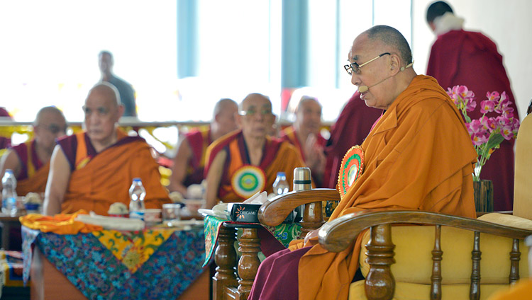 His Holiness the Dalai Lama speaking at the inauguration of the new debate ground at Jangchub Choeling Nunnery in Mundgod, Karnataka, India on December 15, 2017. Photo by Lobsang Tsering