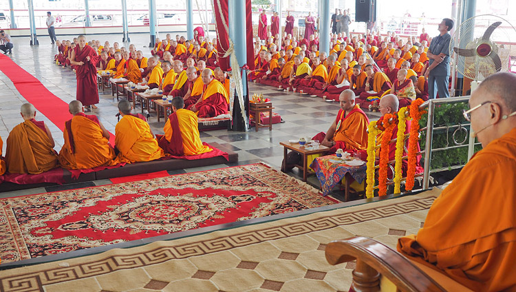 Nuns demonstrating debate in front of His Holiness the Dalai Lama at the inauguration of the new debate ground at Jangchub Choeling Nunnery in Mundgod, Karnataka, India on December 15, 2017. Photo by Jeremy Russell