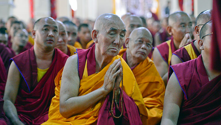 Monks in the audience listening to His Holiness the Dalai Lama during his teaching at Ganden Lachi Monastery in Mundgod, Karnataka, India on December 17, 2017. Photo by Lobsang Tsering