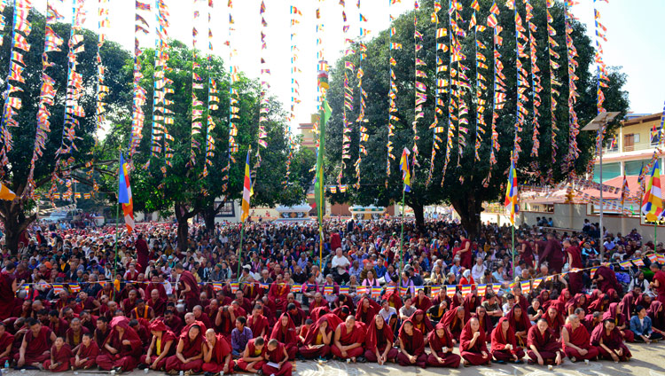 A view of the courtyard with over 8,000 Tibetans and people from the Himalayan region attending His Holiness the Dalai Lama's teaching at Ganden Lachi Monastery in Mundgod, Karnataka, India on December 17, 2017. Photo by Lobsang Tsering